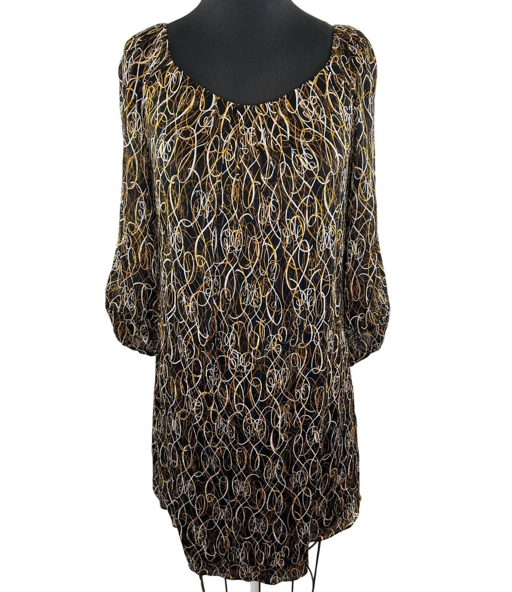 Vintage DVF Diane Von Furstenberg Black Yellow Print Silk Shift Dress 6 VTG